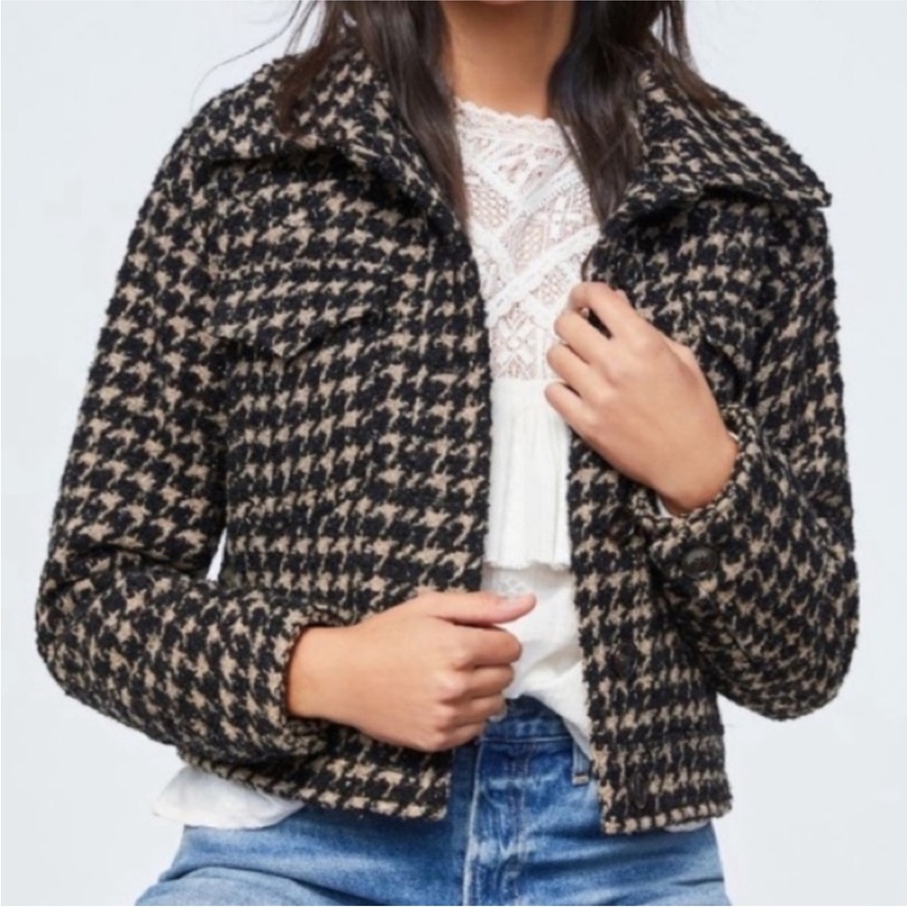 ANTHRO Sadie & Sage Houndstooth Black White Crop Jacket Boxy Snap Front Size L